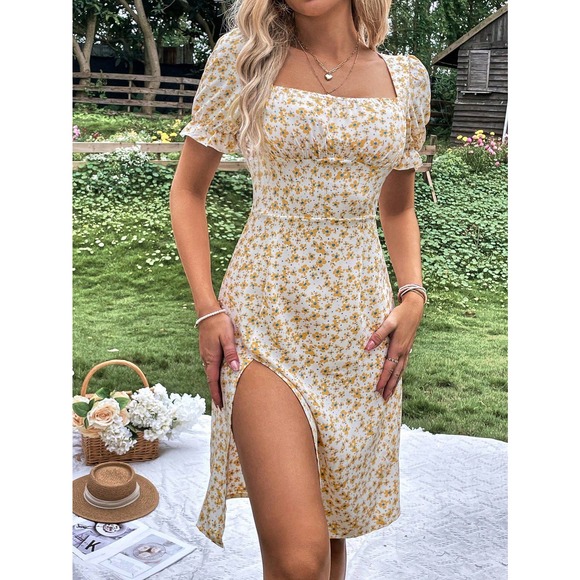 preppy Floral Print Puff Sleeve Split Thigh mini Dress - Picture 1 of 11